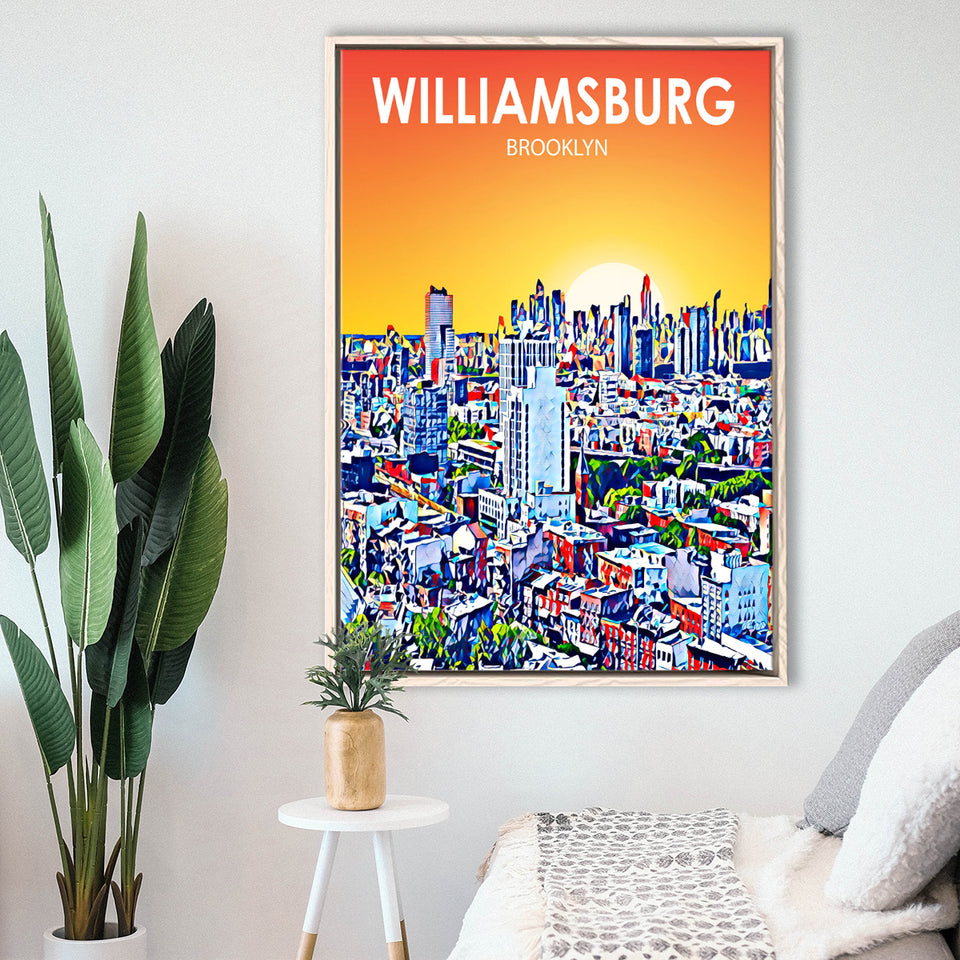 Williamsburg NY Art Brooklyn Sunset Landscape, Large Canvas, Framed Canvas Print Wall Art Home Decor, Floating Frame