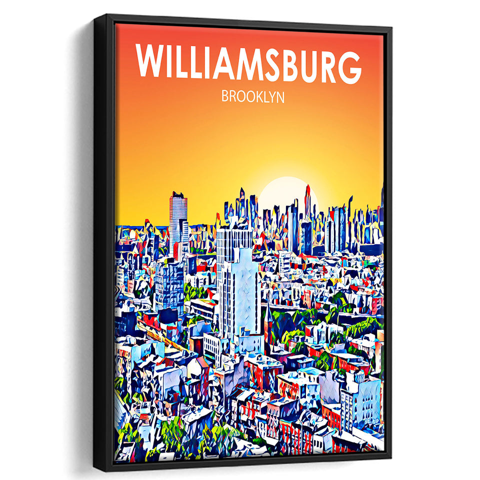 Williamsburg NY Art Brooklyn Sunset Landscape, Large Canvas, Framed Canvas Print Wall Art Home Decor, Floating Frame