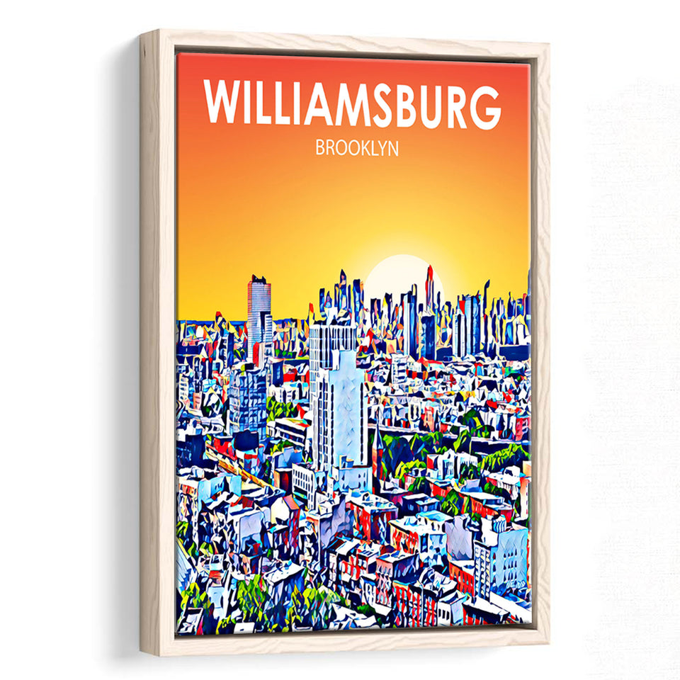 Williamsburg NY Art Brooklyn Sunset Landscape, Large Canvas, Framed Canvas Print Wall Art Home Decor, Floating Frame