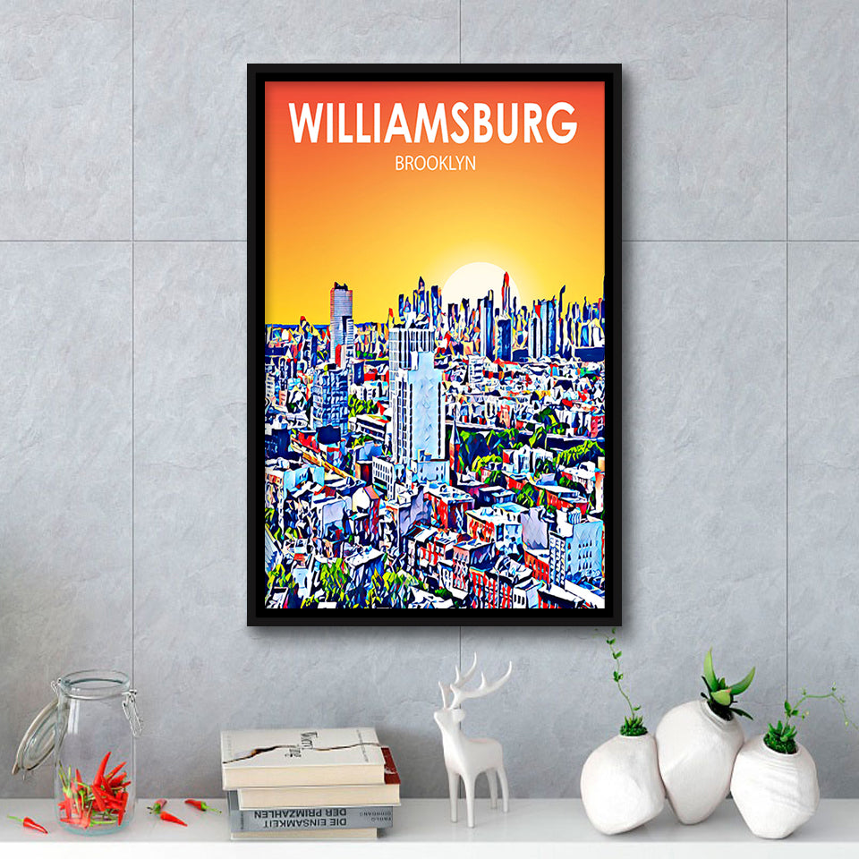 Williamsburg NY Art Brooklyn Sunset Landscape, Large Canvas, Framed Canvas Print Wall Art Home Decor, Floating Frame