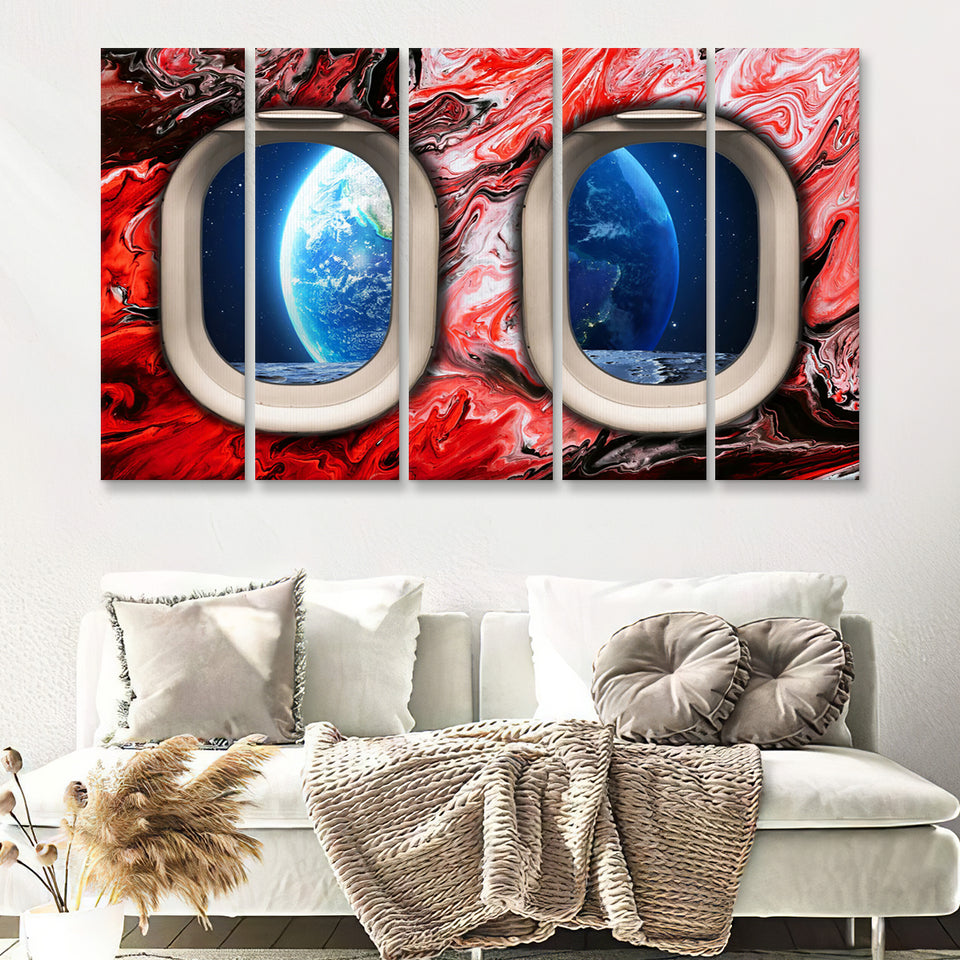 Window Seat Earth Space Painting Style Planet Abstract 5 Pieces B Canvas Prints Wall Art - Painting Canvas, Multi Panel,5 Panels