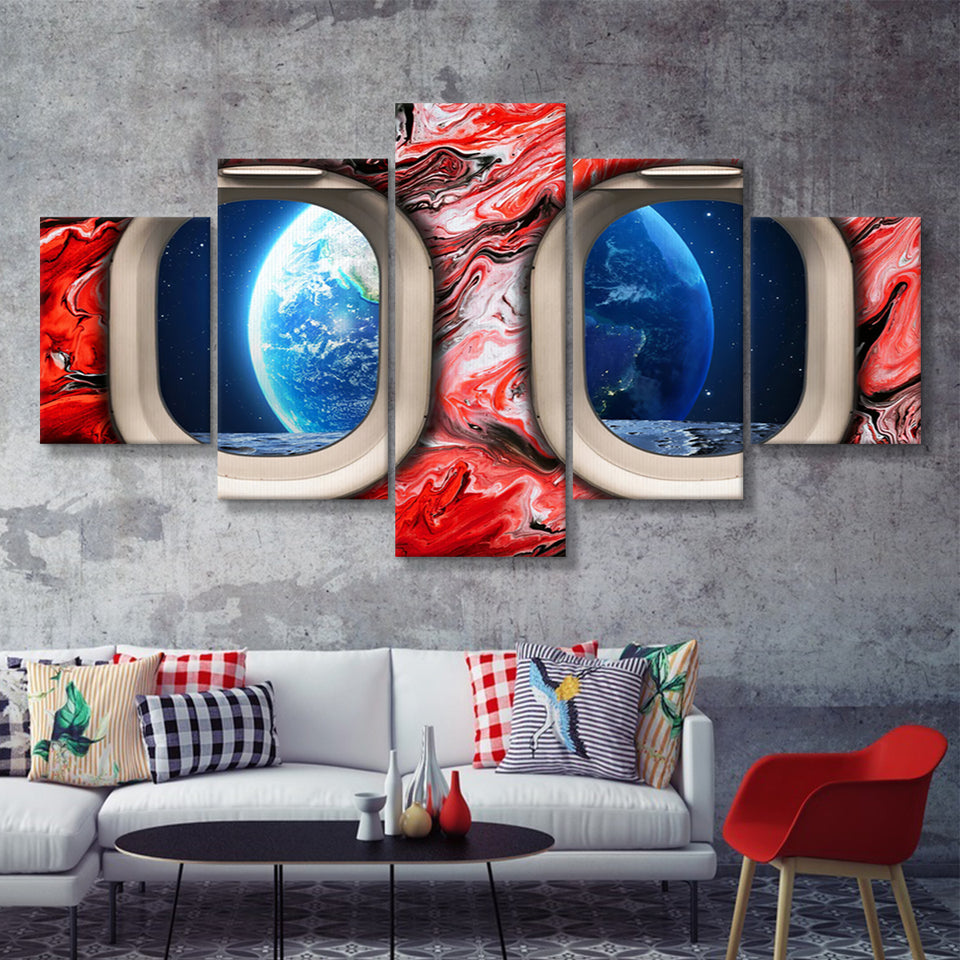 Window Seat Earth Space Painting Style Planet Abstract 5 Pieces Canvas Prints Wall Art - Painting Canvas, Multi Panel,5 Panels