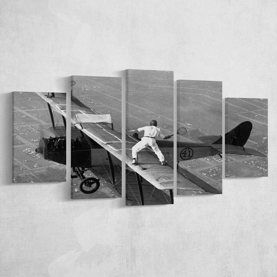 Wingwalker Tennis Match On Airplane Black And White Print,Players In The Sky 5 Panels, Canvas Prints Wall Art Decor, Large Canvas Art