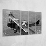 Wingwalker Tennis Match On Airplane Black And White Print,Players In The Sky Larger Canvas Art, 5 Piece Canvas Prints Wall Art Decor