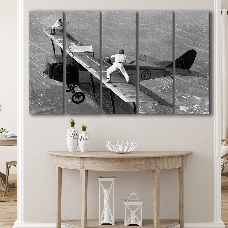 Wingwalker Tennis Match On Airplane Black And White Print,Players In The Sky Larger Canvas Art, 5 Piece Canvas Prints Wall Art Decor