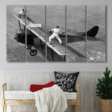 Wingwalker Tennis Match On Airplane Black And White Print,Players In The Sky Larger Canvas Art, 5 Piece Canvas Prints Wall Art Decor