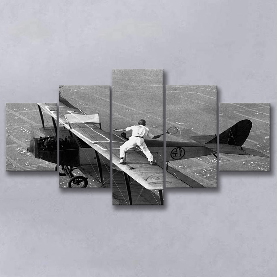 Wingwalker Tennis Match On Airplane Black And White Print,Players In The Sky 5 Panels, Canvas Prints Wall Art Decor, Large Canvas Art