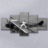 Wingwalker Tennis Match On Airplane Black And White Print,Players In The Sky 5 Panels, Canvas Prints Wall Art Decor, Large Canvas Art