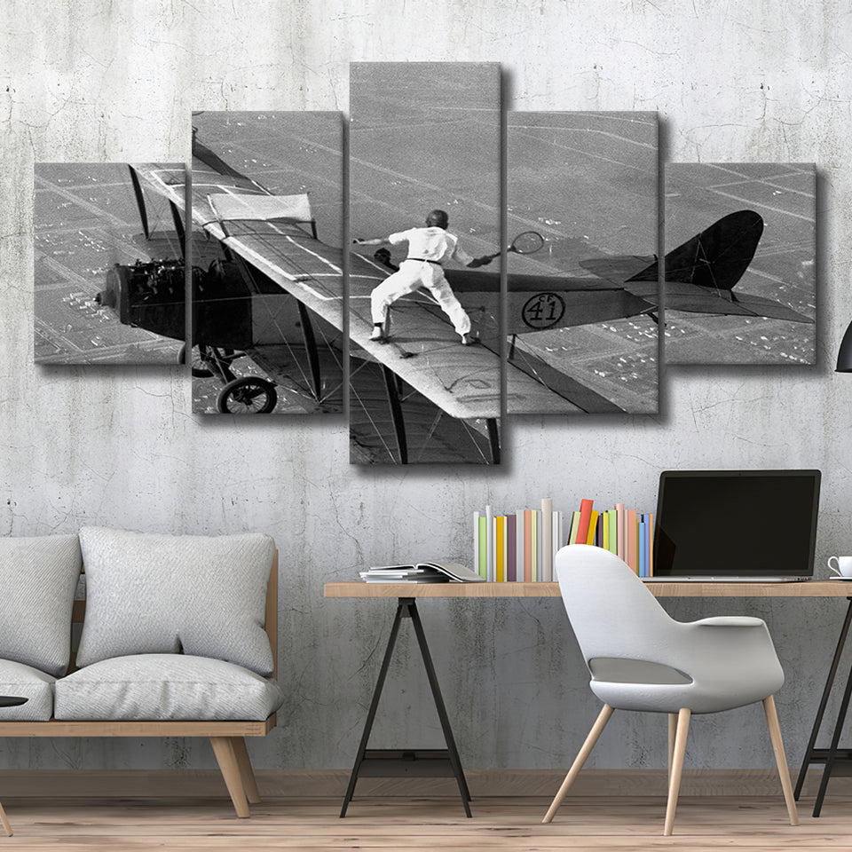 Wingwalker Tennis Match On Airplane Black And White Print,Players In The Sky 5 Panels, Canvas Prints Wall Art Decor, Large Canvas Art