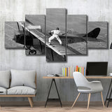 Wingwalker Tennis Match On Airplane Black And White Print,Players In The Sky 5 Panels, Canvas Prints Wall Art Decor, Large Canvas Art