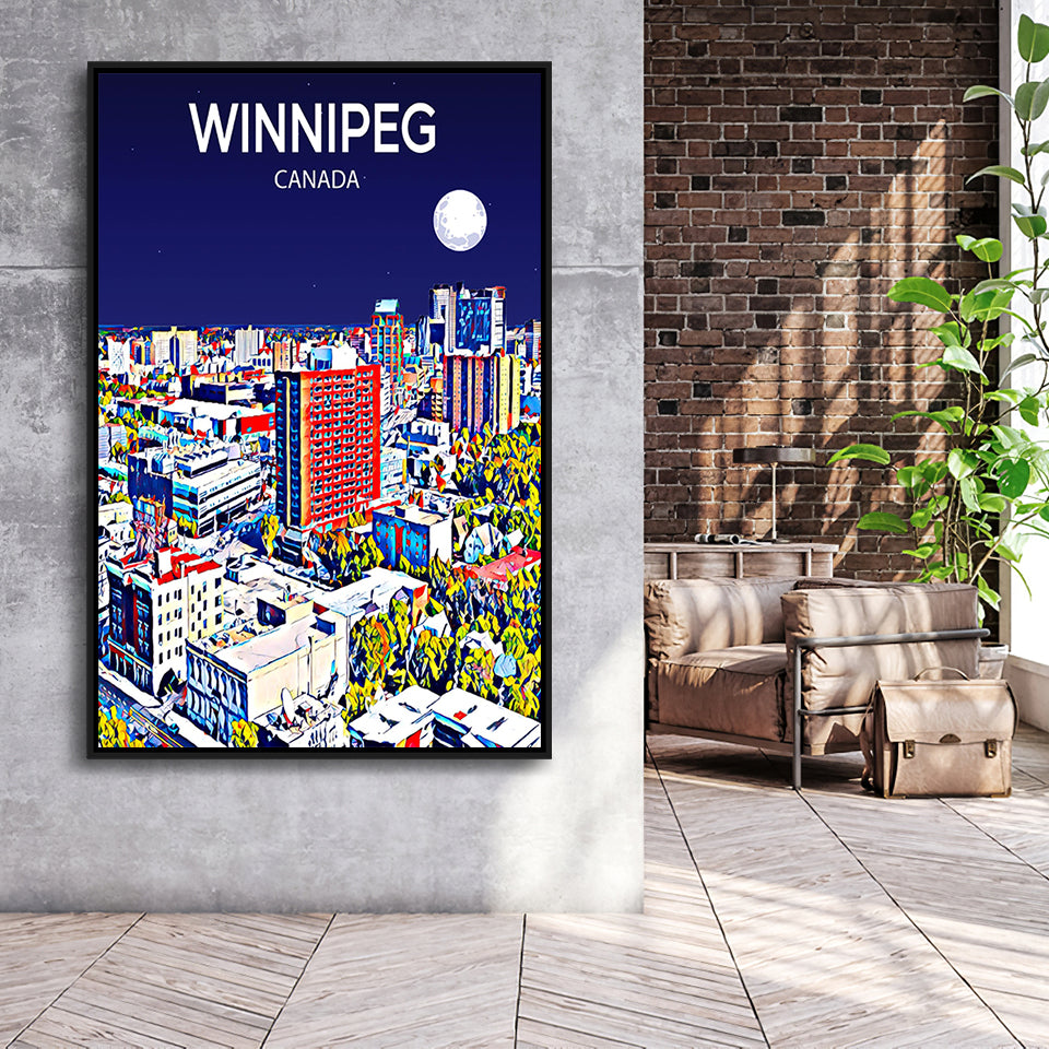 Winnipeg CA Art Canada Night Art Print, Large Canvas, Framed Canvas Print Wall Art Home Decor, Floating Frame