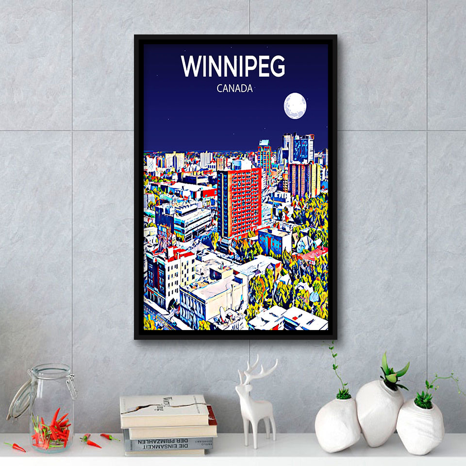 Winnipeg CA Art Canada Night Art Print, Large Canvas, Framed Canvas Print Wall Art Home Decor, Floating Frame