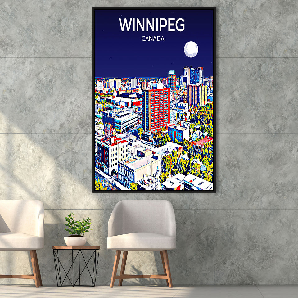Winnipeg CA Art Canada Night Art Print, Large Canvas, Framed Canvas Print Wall Art Home Decor, Floating Frame