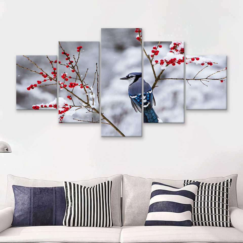Winter Bird In A Beautiful Snow 5 Pieces Canvas Prints Wall Art - Painting Canvas, Multi Panel, Wall Decor, Canvas Art
