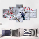 Winter Bird In A Beautiful Snow 5 Pieces Canvas Prints Wall Art - Painting Canvas, Multi Panel, Wall Decor, Canvas Art