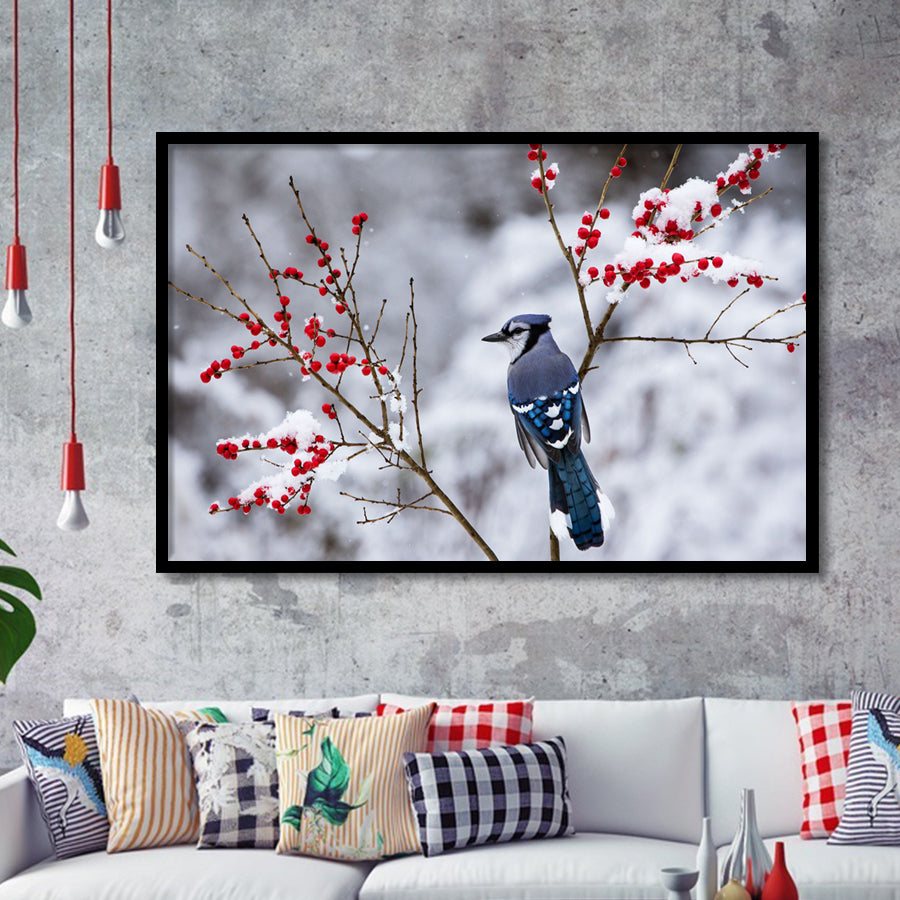 Winter Bird In A Beautiful Snow Framed Art Prints Wall Decor - Painting Prints, Wall Art, Framed Picture, Black Frame
