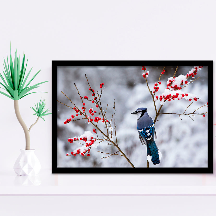 Winter Bird In A Beautiful Snow Framed Art Prints Wall Decor - Painting Prints, Wall Art, Framed Picture, Black Frame