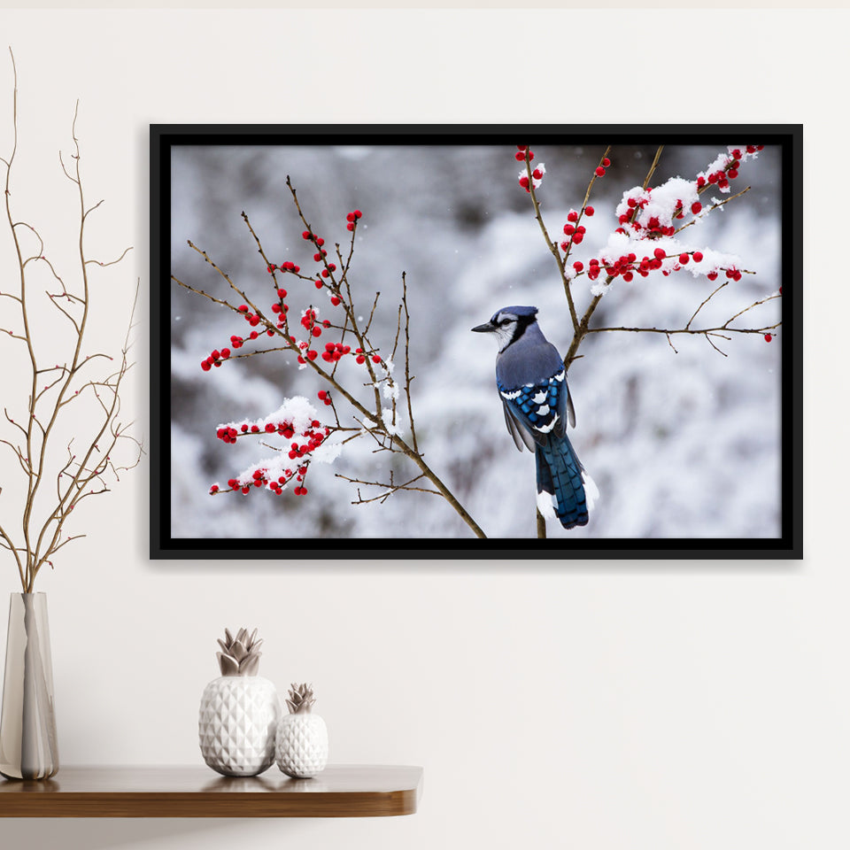 Winter Bird In A Beautiful Snow Framed Canvas Prints Wall Art - Painting Canvas, Wall Decor, Canvas Art, Floating Frame