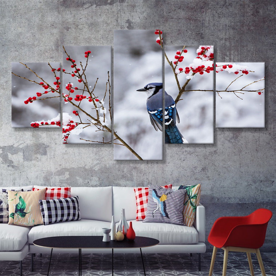 Winter Bird In A Beautiful Snow 5 Pieces Canvas Prints Wall Art - Painting Canvas, Multi Panel, Wall Decor, Canvas Art