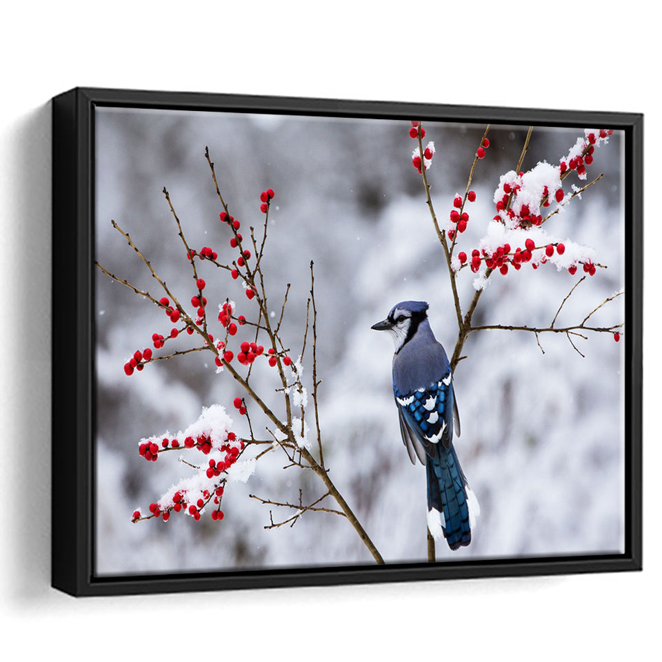 Winter Bird In A Beautiful Snow Framed Canvas Prints Wall Art - Painting Canvas, Wall Decor, Canvas Art, Floating Frame