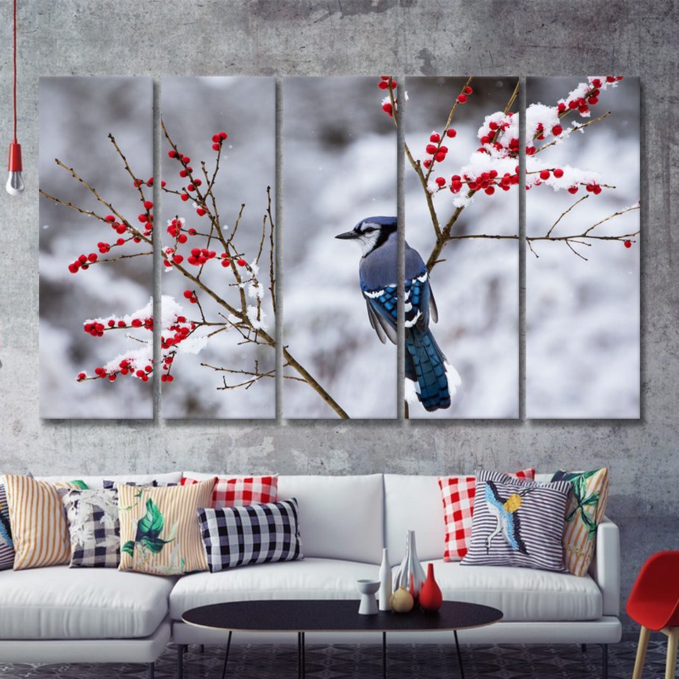 Winter Bird In A Beautiful Snow 5 Pieces B Canvas Prints Wall Art - Painting Canvas, Multi Panel, Wall Decor, Canvas Art