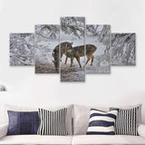 Winter Forest Deer W Snow Tree  5 Pieces Canvas Prints Wall Art - Painting Canvas, Multi Panels, 5 Panel, Wall Decor