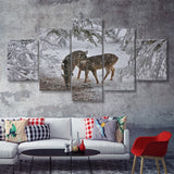 Winter Forest Deer W Snow Tree  5 Pieces Canvas Prints Wall Art - Painting Canvas, Multi Panels, 5 Panel, Wall Decor