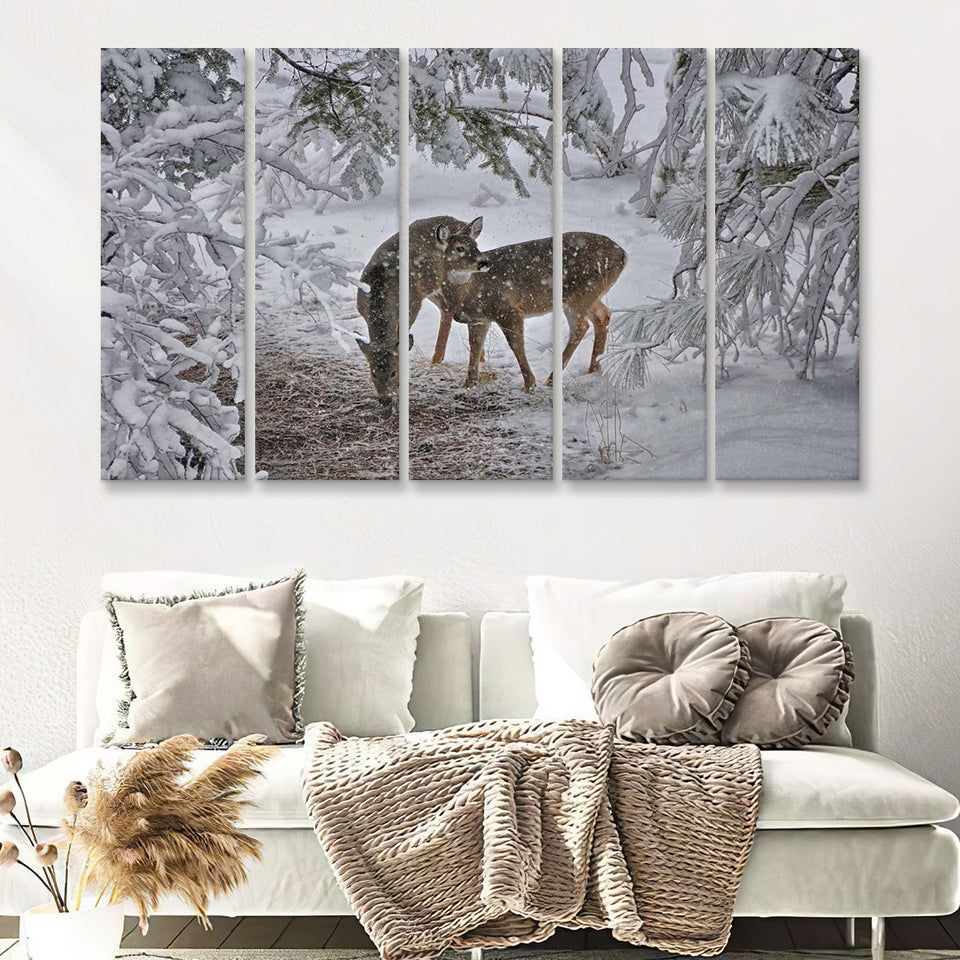 Winter Forest Deer W Snow Tree 5 Pieces B Canvas Prints Wall Art - Painting Canvas, Multi Panels,5 Panel, Wall Decor