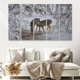 Winter Forest Deer W Snow Tree 5 Pieces B Canvas Prints Wall Art - Painting Canvas, Multi Panels,5 Panel, Wall Decor