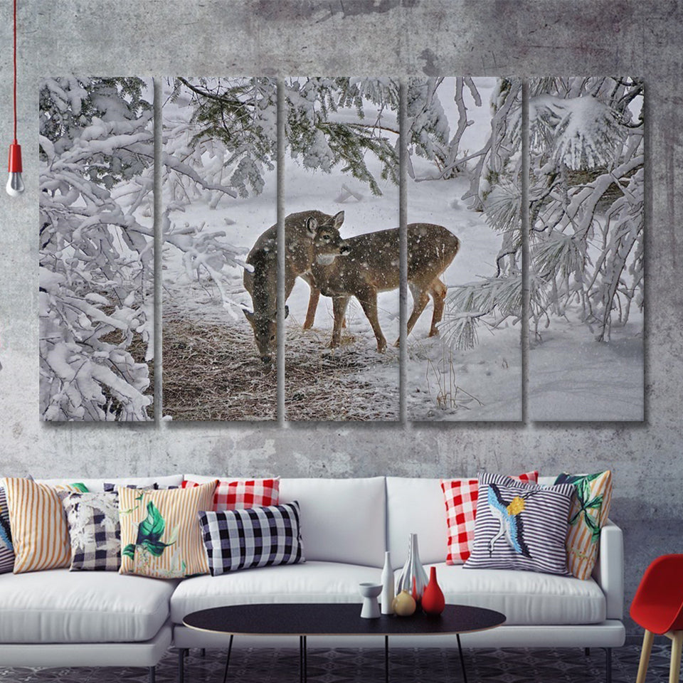 Winter Forest Deer W Snow Tree 5 Pieces B Canvas Prints Wall Art - Painting Canvas, Multi Panels,5 Panel, Wall Decor