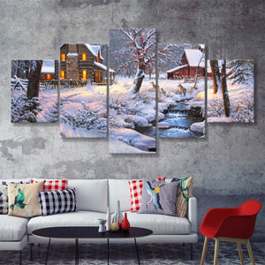Winter Snow A Lake Near House W Reindeers  5 Pieces Canvas Prints Wall Art - Painting Canvas, Multi Panels, 5 Panel, Wall Decor