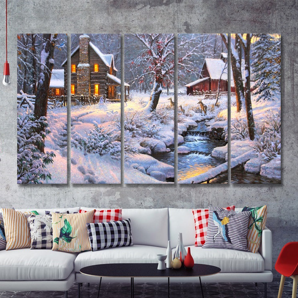 Winter Snow A Lake Near House W Reindeers 5 Pieces B Canvas Prints Wall Art - Painting Canvas, Multi Panels,5 Panel, Wall Decor