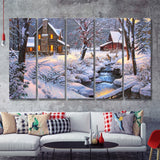 Winter Snow A Lake Near House W Reindeers 5 Pieces B Canvas Prints Wall Art - Painting Canvas, Multi Panels,5 Panel, Wall Decor