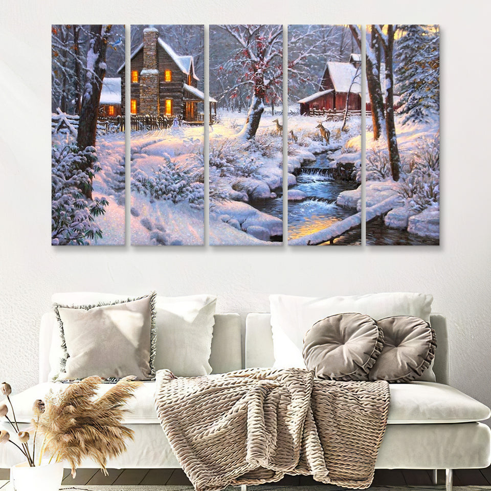Winter Snow A Lake Near House W Reindeers 5 Pieces B Canvas Prints Wall Art - Painting Canvas, Multi Panels,5 Panel, Wall Decor