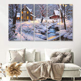 Winter Snow A Lake Near House W Reindeers 5 Pieces B Canvas Prints Wall Art - Painting Canvas, Multi Panels,5 Panel, Wall Decor