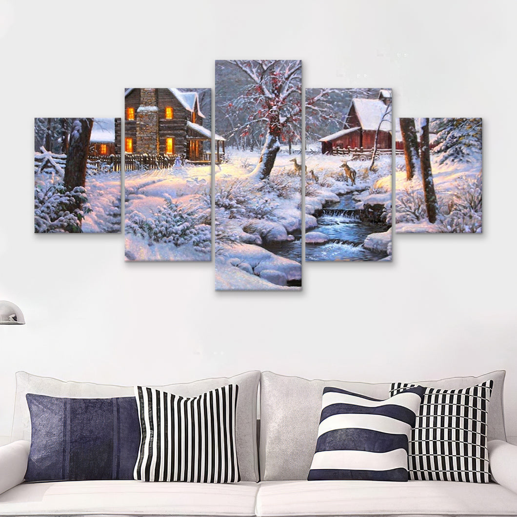 Winter Snow A Lake Near House W Reindeers  5 Pieces Canvas Prints Wall Art - Painting Canvas, Multi Panels, 5 Panel, Wall Decor