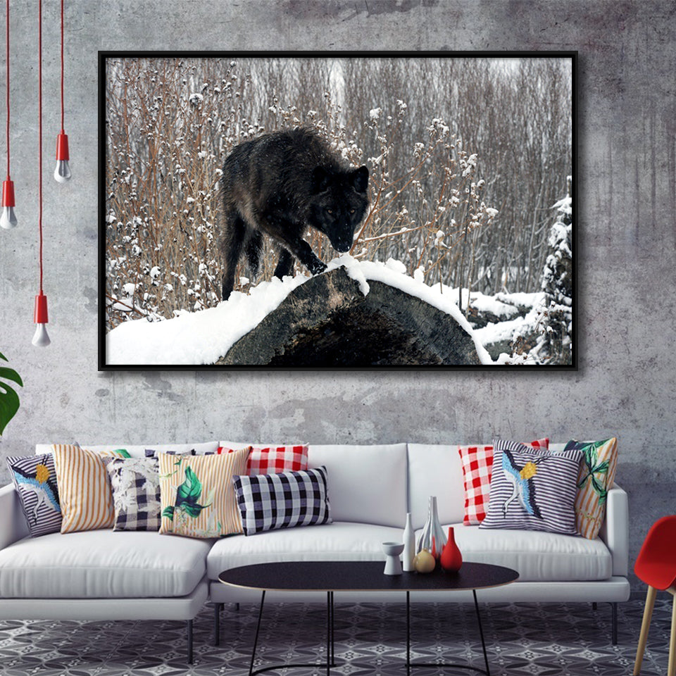 Winter Black Wolf In Forest Snow Framed Canvas Prints Wall Art - Painting Canvas, Wall Decor, Canvas Art, Floating Frame
