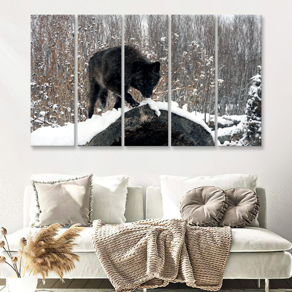 Winter Black Wolf In Forest Snow 5 Pieces B Canvas Prints Wall Art - Painting Canvas, Multi Panel, Wall Decor, Canvas Art