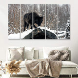 Winter Black Wolf In Forest Snow 5 Pieces B Canvas Prints Wall Art - Painting Canvas, Multi Panel, Wall Decor, Canvas Art