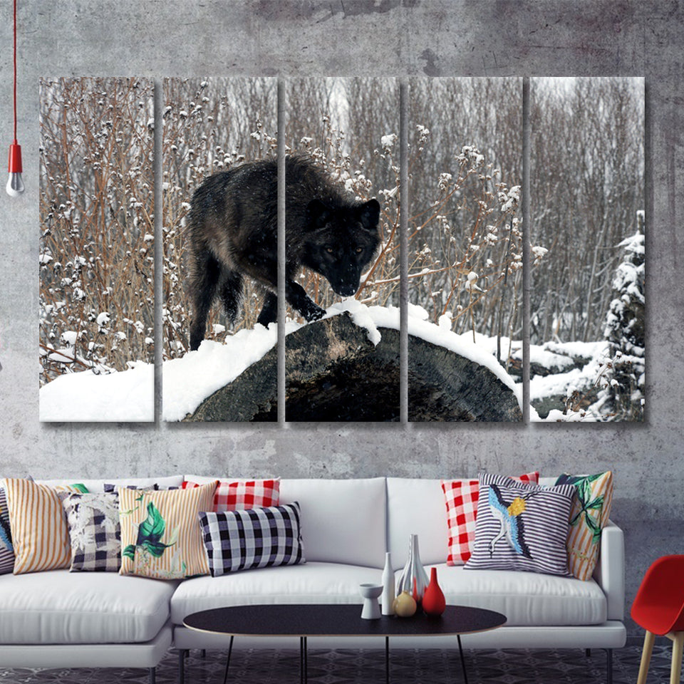 Winter Black Wolf In Forest Snow 5 Pieces B Canvas Prints Wall Art - Painting Canvas, Multi Panel, Wall Decor, Canvas Art