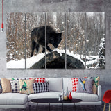 Winter Black Wolf In Forest Snow 5 Pieces B Canvas Prints Wall Art - Painting Canvas, Multi Panel, Wall Decor, Canvas Art