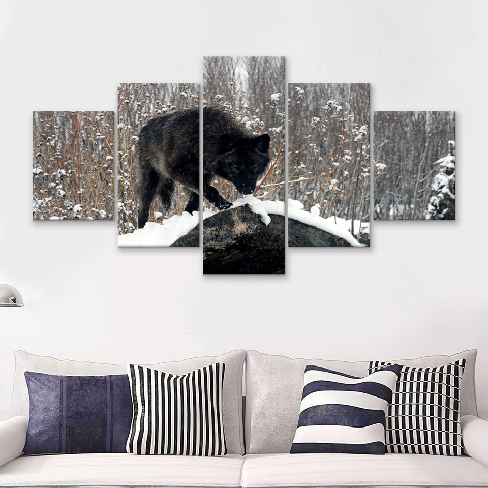 Winter Black Wolf In Forest Snow 5 Pieces Canvas Prints Wall Art - Painting Canvas, Multi Panel, Wall Decor, Canvas Art