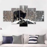 Winter Black Wolf In Forest Snow 5 Pieces Canvas Prints Wall Art - Painting Canvas, Multi Panel, Wall Decor, Canvas Art