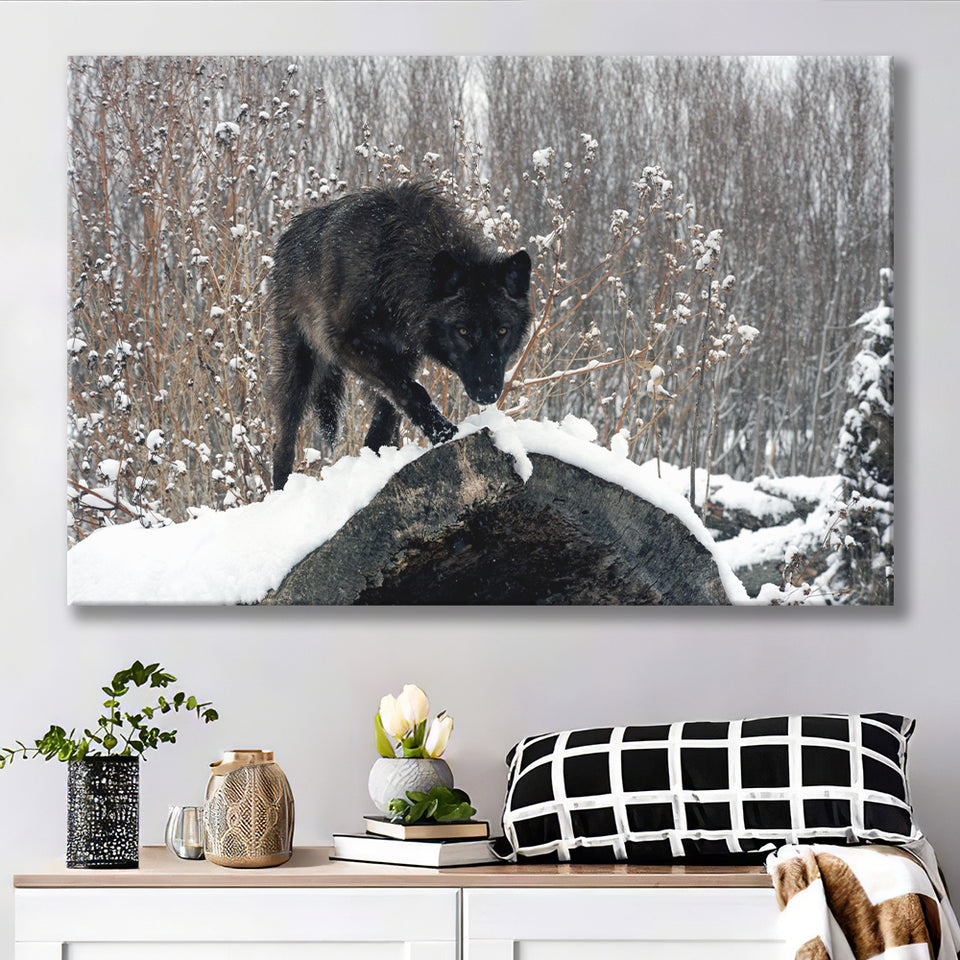 Winter Black Wolf In Forest Snow Canvas Prints Wall Art - Painting Canvas, Wall Decor, Canvas Art, For Sale