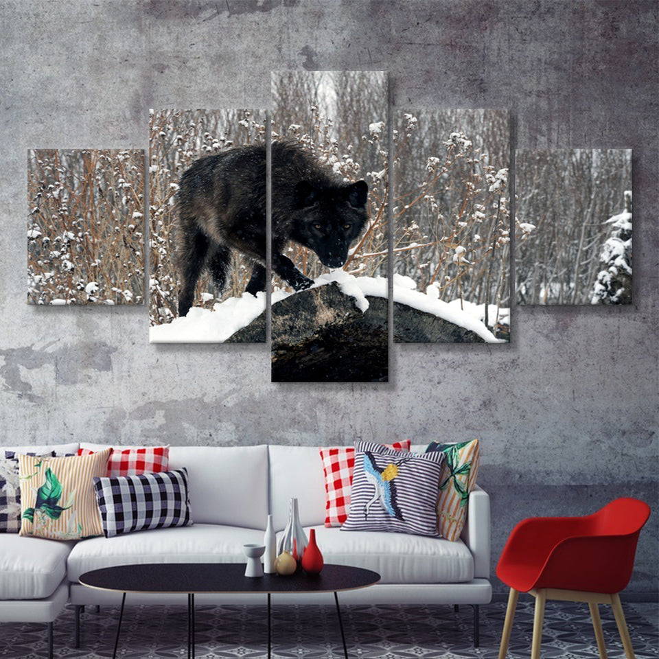 Winter Black Wolf In Forest Snow 5 Pieces Canvas Prints Wall Art - Painting Canvas, Multi Panel, Wall Decor, Canvas Art
