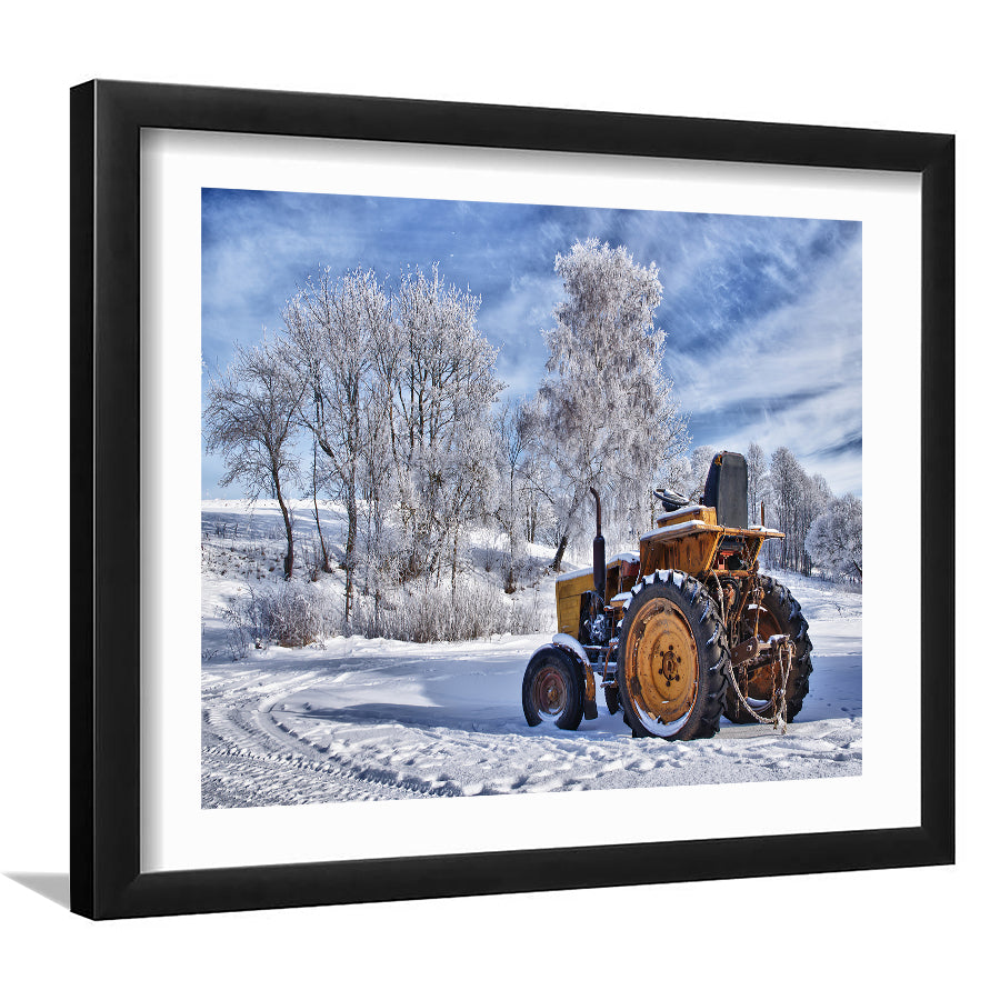 Winter Scene In Lithuania Old Tractor Under The Snow Wall Art Print - Framed Art, Framed Prints, Painting Print