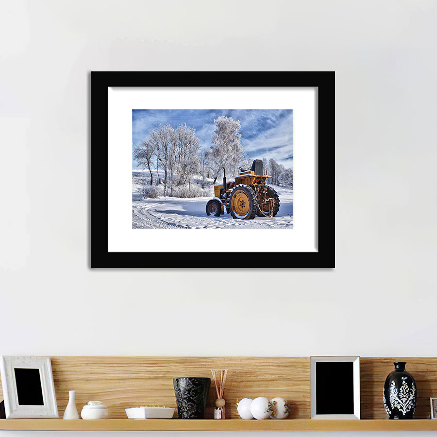 Winter Scene In Lithuania Old Tractor Under The Snow Wall Art Print - Framed Art, Framed Prints, Painting Print
