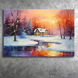 Winter Snow A Lake Near House Xmas Art In Sunset Oil Painting Canvas Prints Wall Art, Painting Art Home Decor