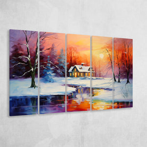 Winter Snow A Lake Near House Xmas Art In Sunset Oil Painting,5 Panel Extra Large Canvas Prints Wall Art Decor