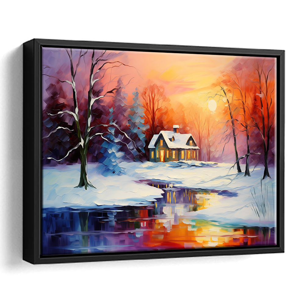 Winter Snow A Lake Near House Xmas Art In Sunset Oil Painting, Framed Canvas Prints Wall Art Decor, Floating Frame
